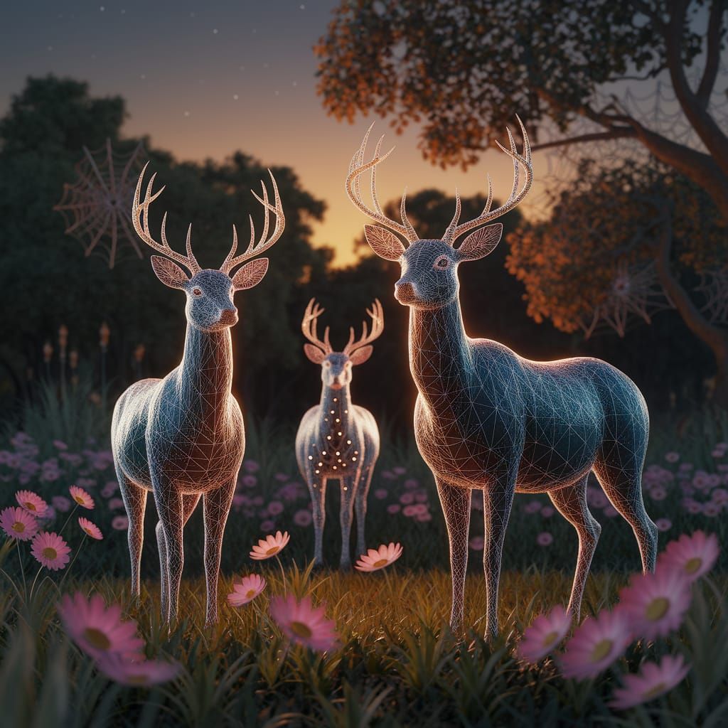 Group of deers made of spiderwebs in a jungle with spiderwebs flowers, the dusk impregnate in brilliant golden and red color light making an...