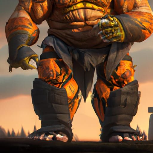 Godlike giant with orange tattoos on his arms