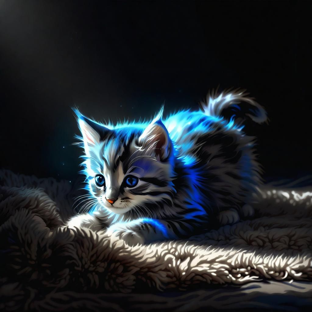 Joyful Kitten in Watercolor with Bioluminescent Moonlight