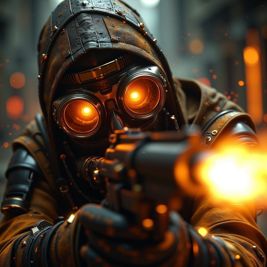 <lora:MJ6 CinematicFlux:1.0> A cinematic action shot of a steampunk futuristic soldier wearing goggles and shooting at enemies, with sparks...