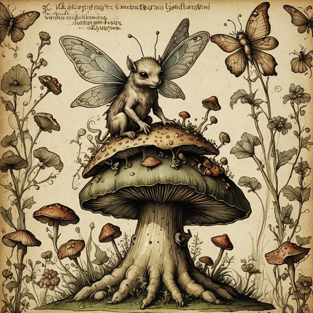 Leonardo da Vinci style medieval bestiary entry of a tiny fa...