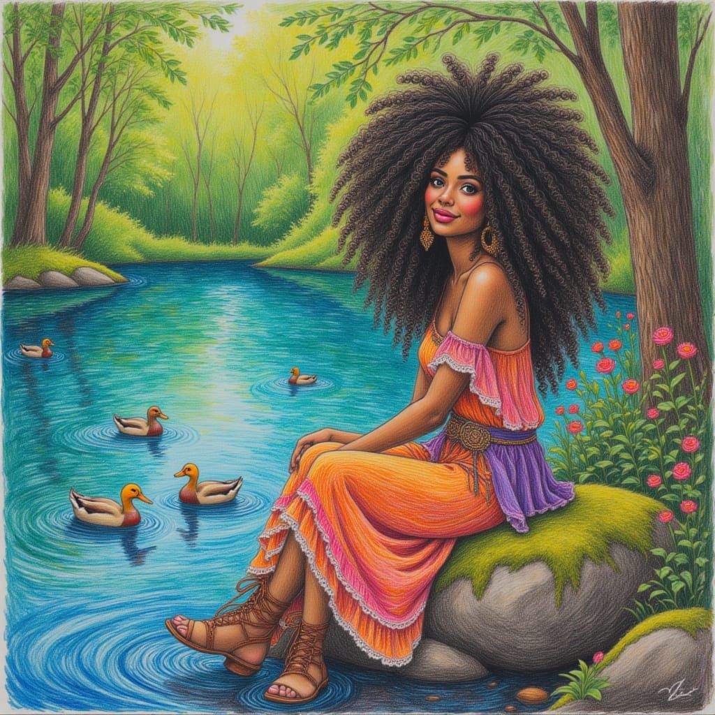 <lora:Art Crayon Drawing:1.0> Stunning woman with  curly  hair  wearing intricate  boho style clothes with ruffles and lace, sitting on a ro...