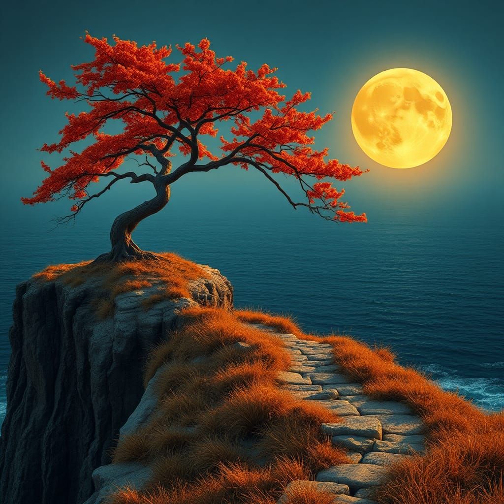 Lone Tree Under Moonlit Sky as Dreamscape