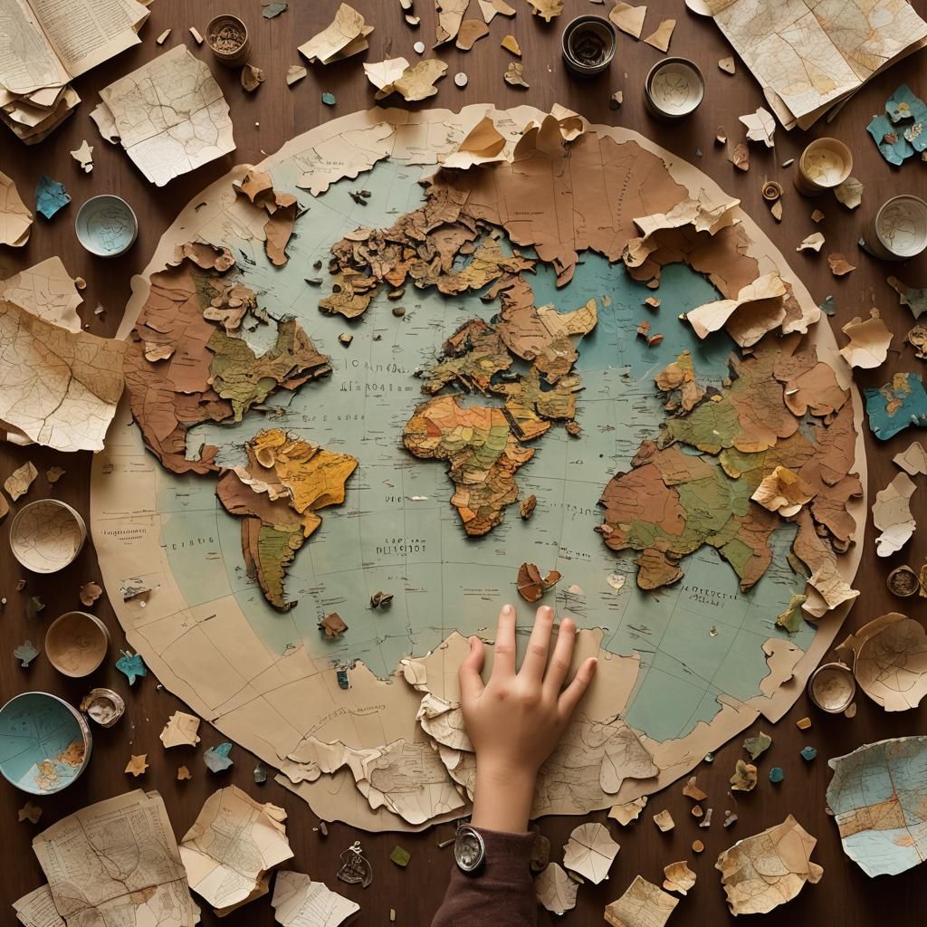 A torned world map with pieces scattered on a table, a child’s hands ...