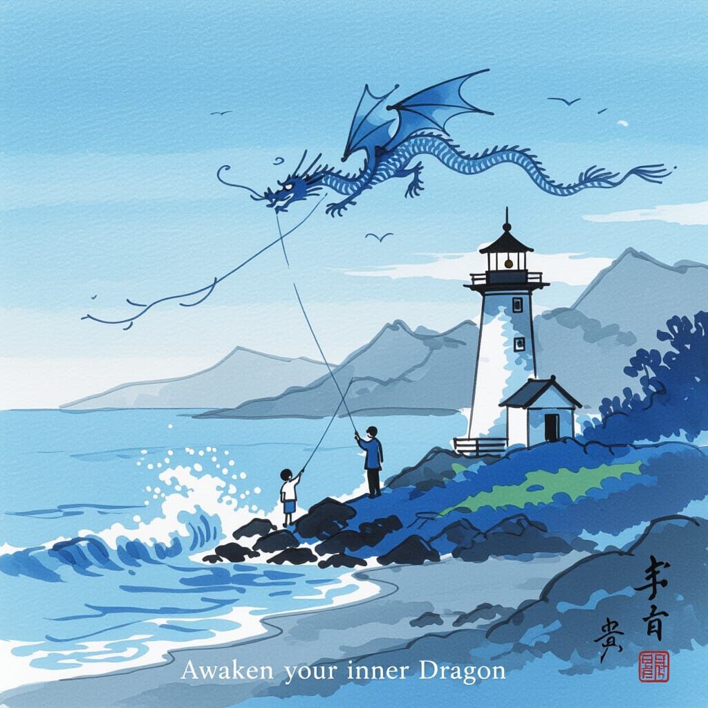 Детализированная картина в стиле японской живописи тушью (суми-э), выполненная в нежных голубых тонах. Спокойный прибрежный пейзаж: маяк сто...