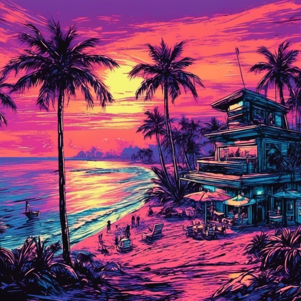 <lora:Vaporware Sci-Fi VHS:1.0> Glitched 1990's Sci-Fi VHS scene, Vaporware graphics:
A beautiful wide-angle shot of a 
tropical beach at su...