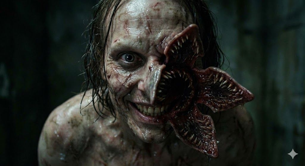 A pure evil human morphing into a terrifying stranger things demogorgan monster as a hybrid right in front of you