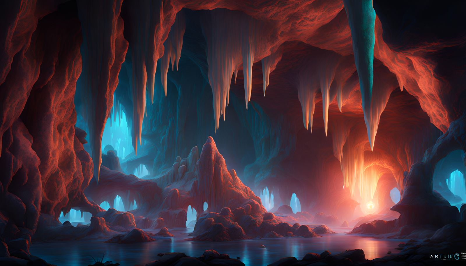 bioluminescent cave life stalactites stalagmites crystals minerals ...