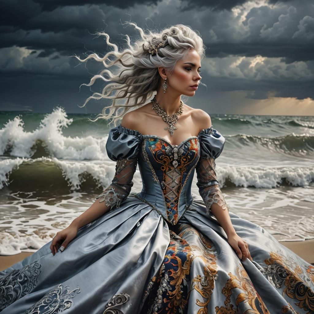 long shot : a girl, silver hair, baroque tatto and baroque
d...