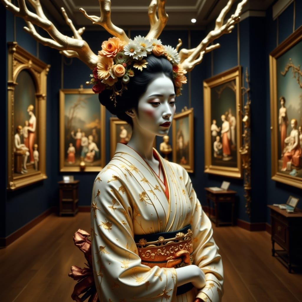 <lora:Golden Shadows:1.0>  a kintsugi sculpture of a geisha, suspended in a gallery filled with classical art. The cracks in the geisha are ...