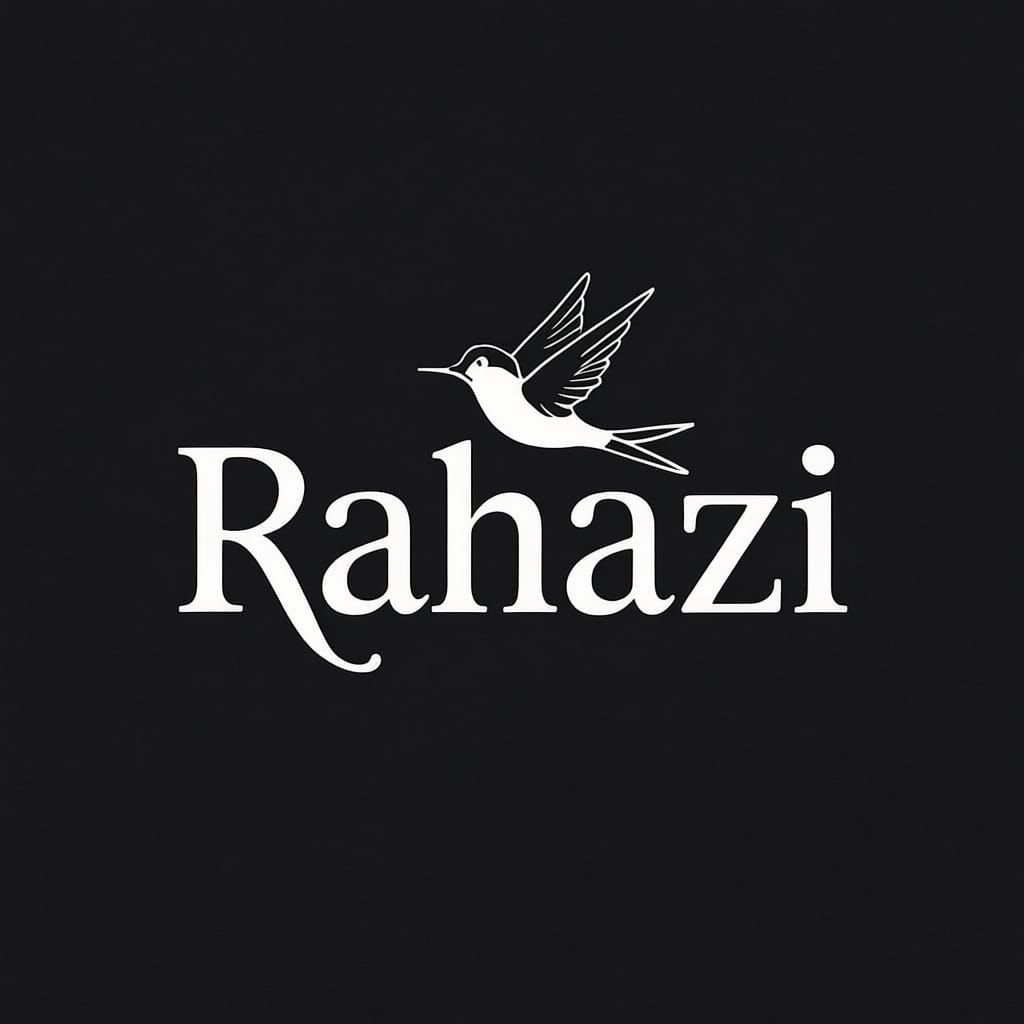 Minimalist and elegant logo featuring the name "Rahazi" in English and "رهازی" in Persian using NiriZi font style. White text on a completel...