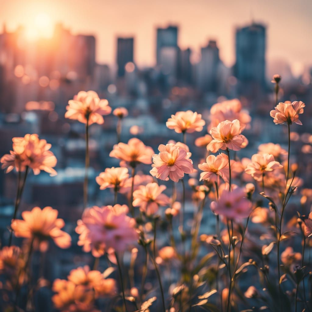 Double Exposure: Flowers Meet Cityscape in Golden Light