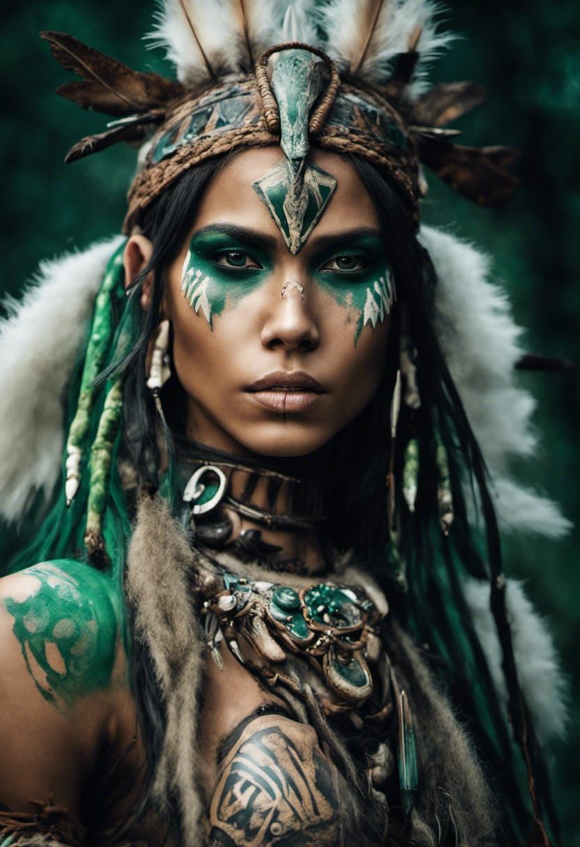 A fierce beautiful native american warrior in an enchanted forest. wild ...