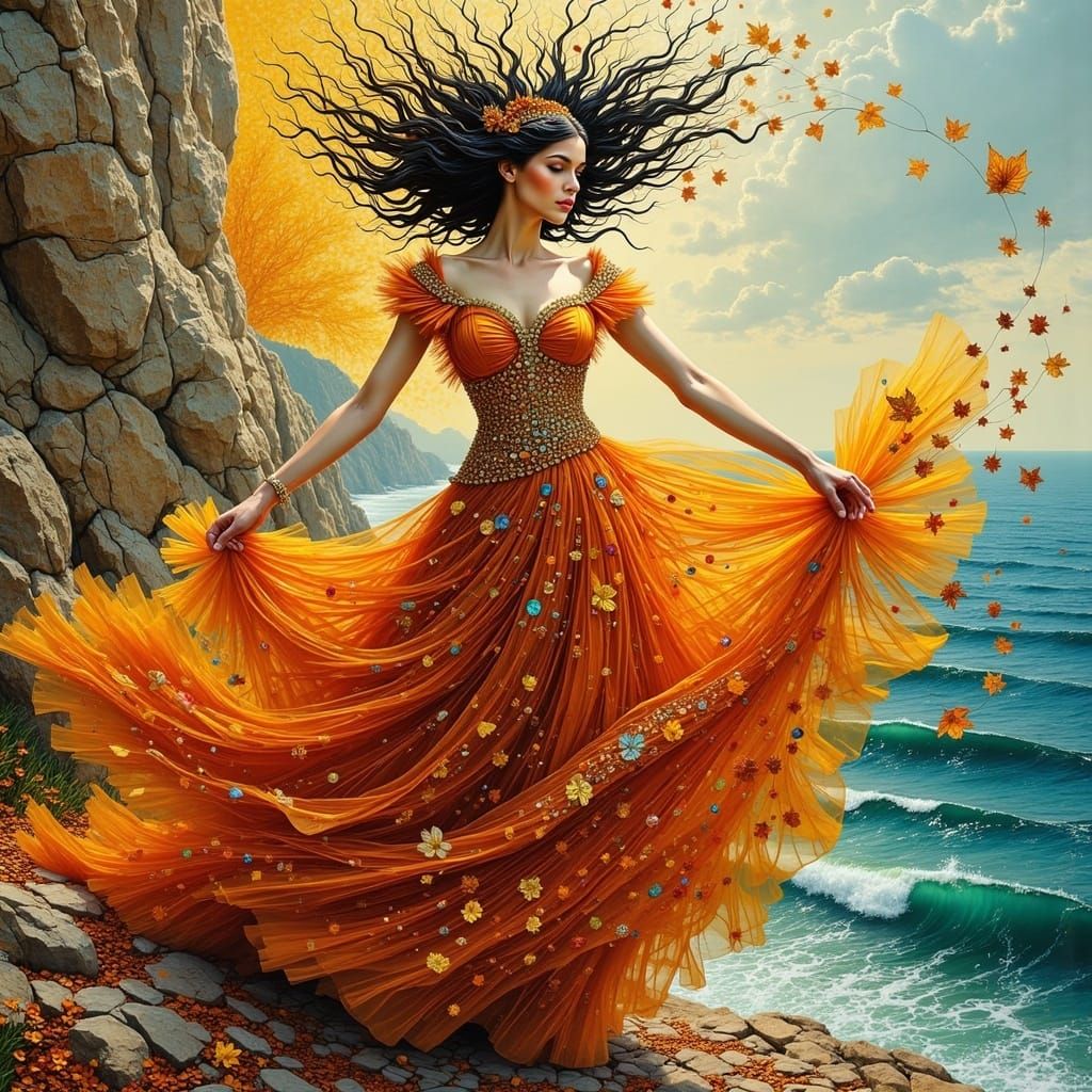 <lora:Bold:1.0> Close up of a Boris Vallejo beautiful young woman standing on a cliff top wearing colourful tulle and leaf dress that dissol...