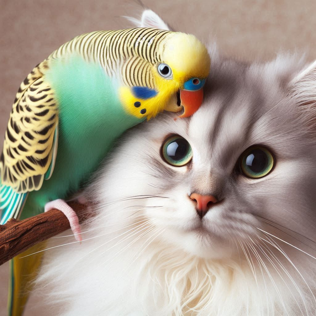 an adorable angora cat and australian parakeet
