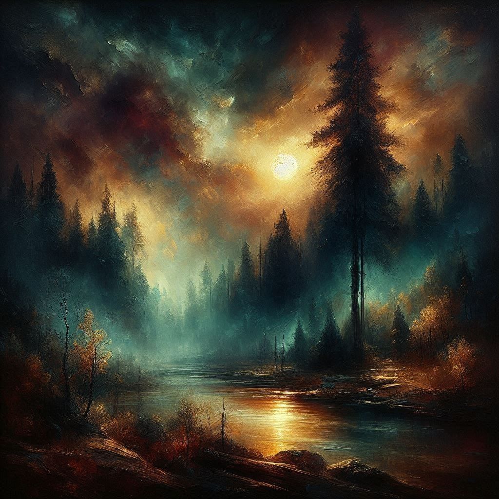 Romantic nocturne of a mystical moonlit forest,