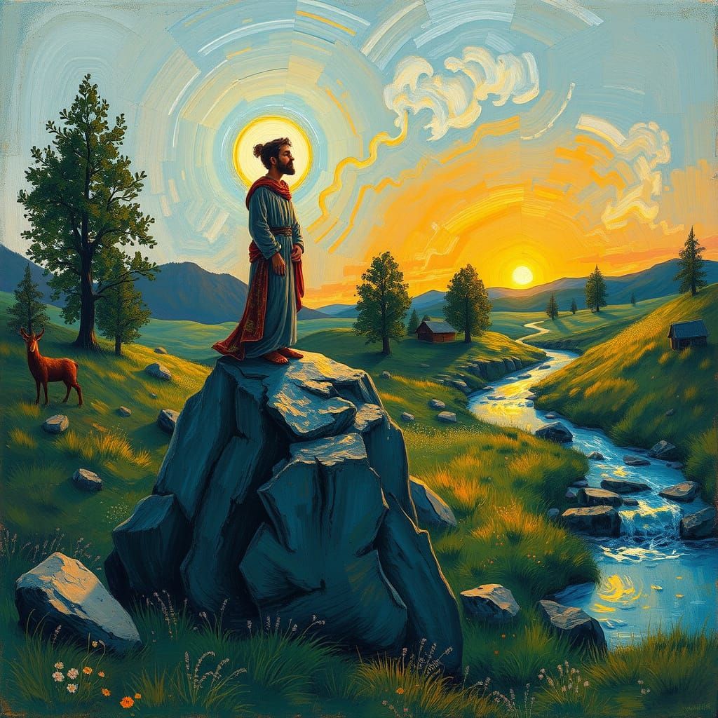 Prophet in a Dreamlike Landscape with Sunset Glow