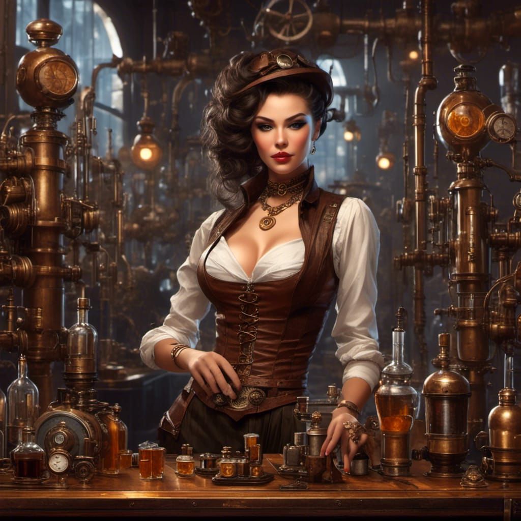 <lora:Epic Steampunk 3:1.0> Female bartender