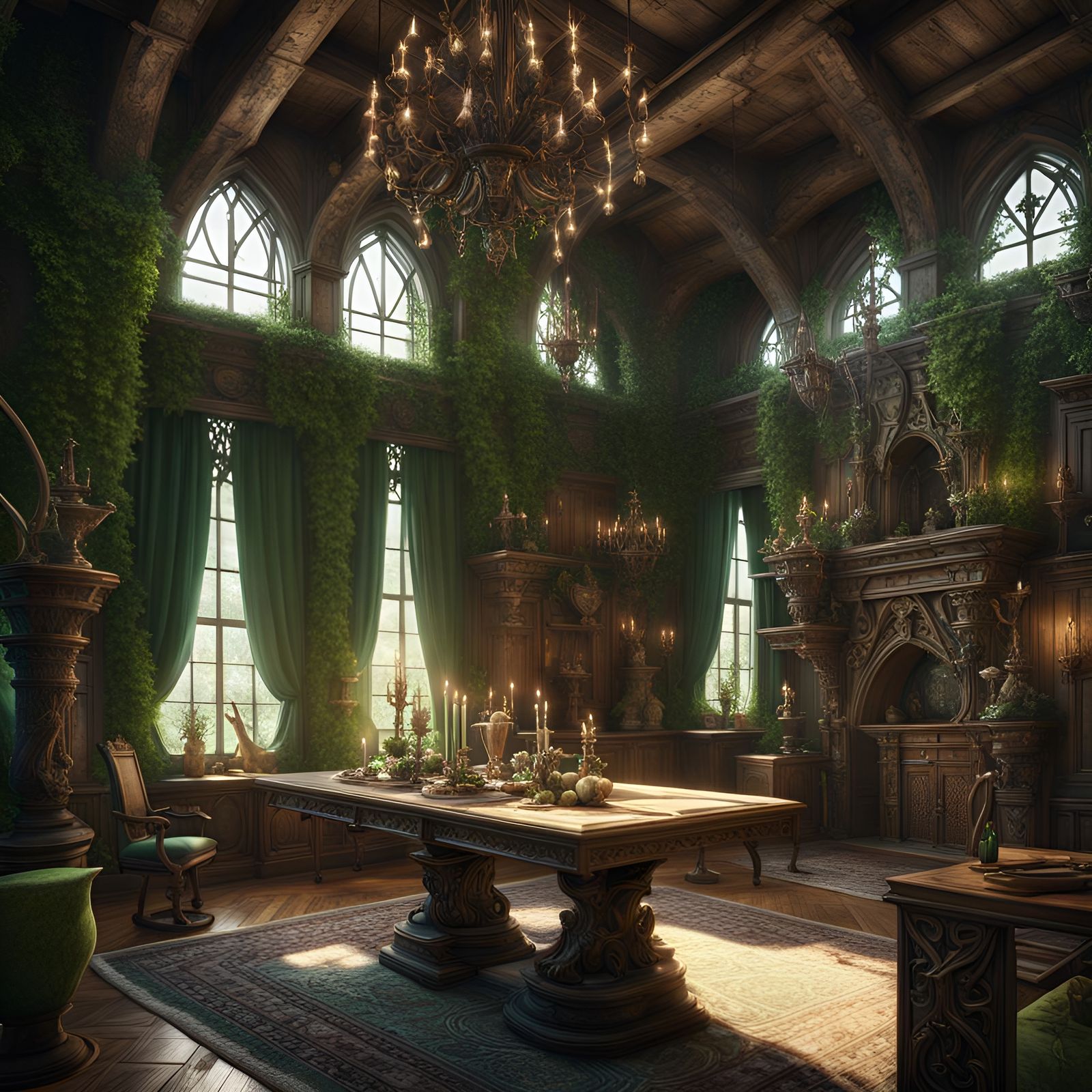 Interior of an elven city renaissance manor house with green colors and ...