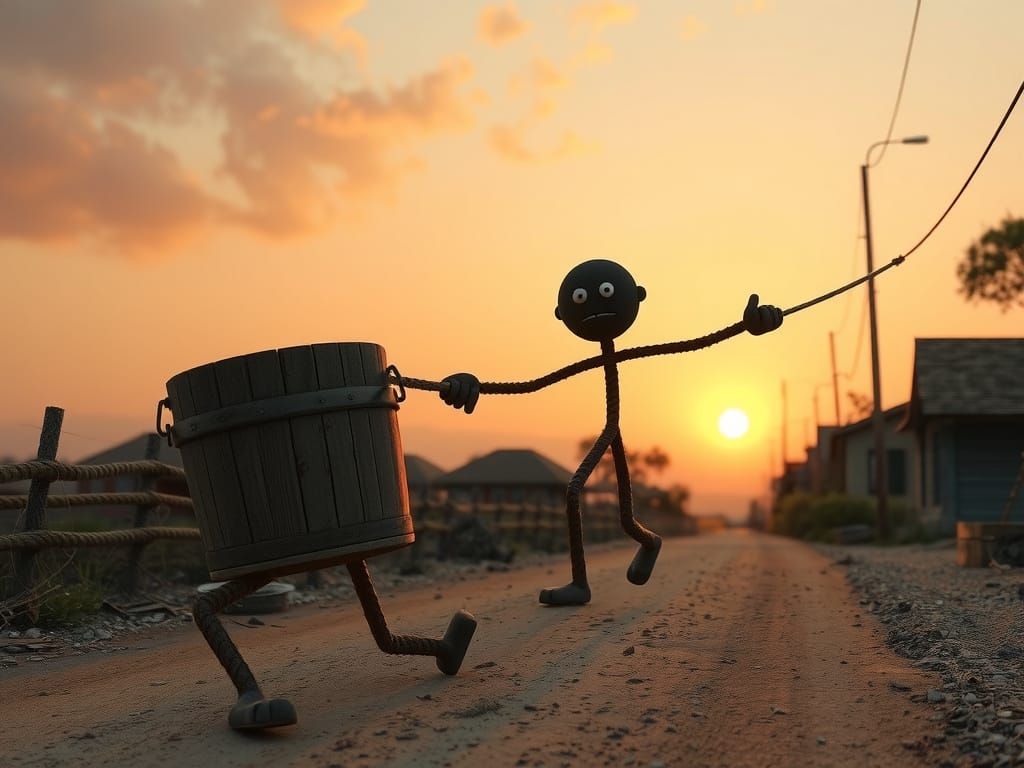 Walking Bucket Leads Rope on Village Road