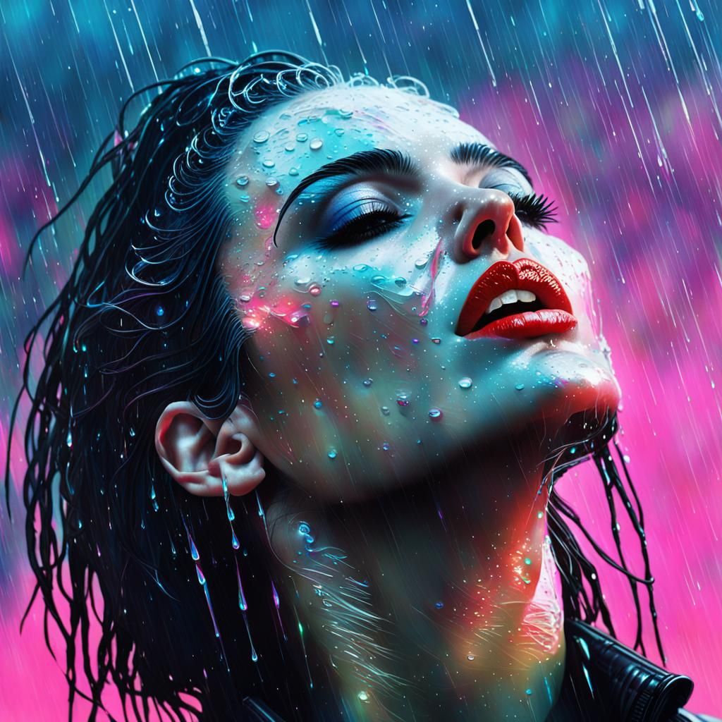 Retro Cyberpunk Robot Woman in Rainy Space