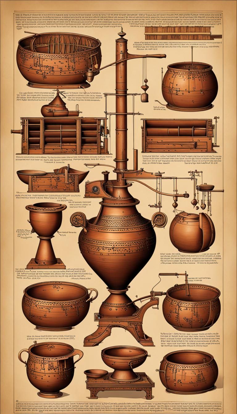ancient Rube Goldberg machine for making wine, hyperdetailed, pottery, amphora  by @Paul Soderholm