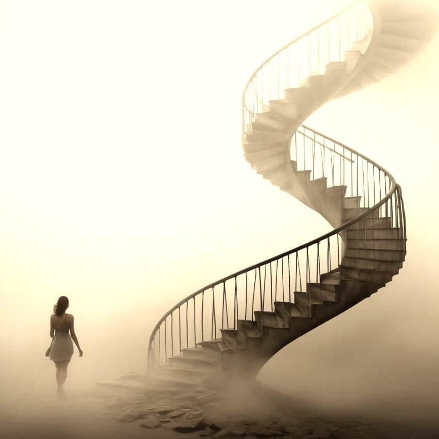 Lady Ascending Spiral Stairway to Infinity: Photorealistic S...