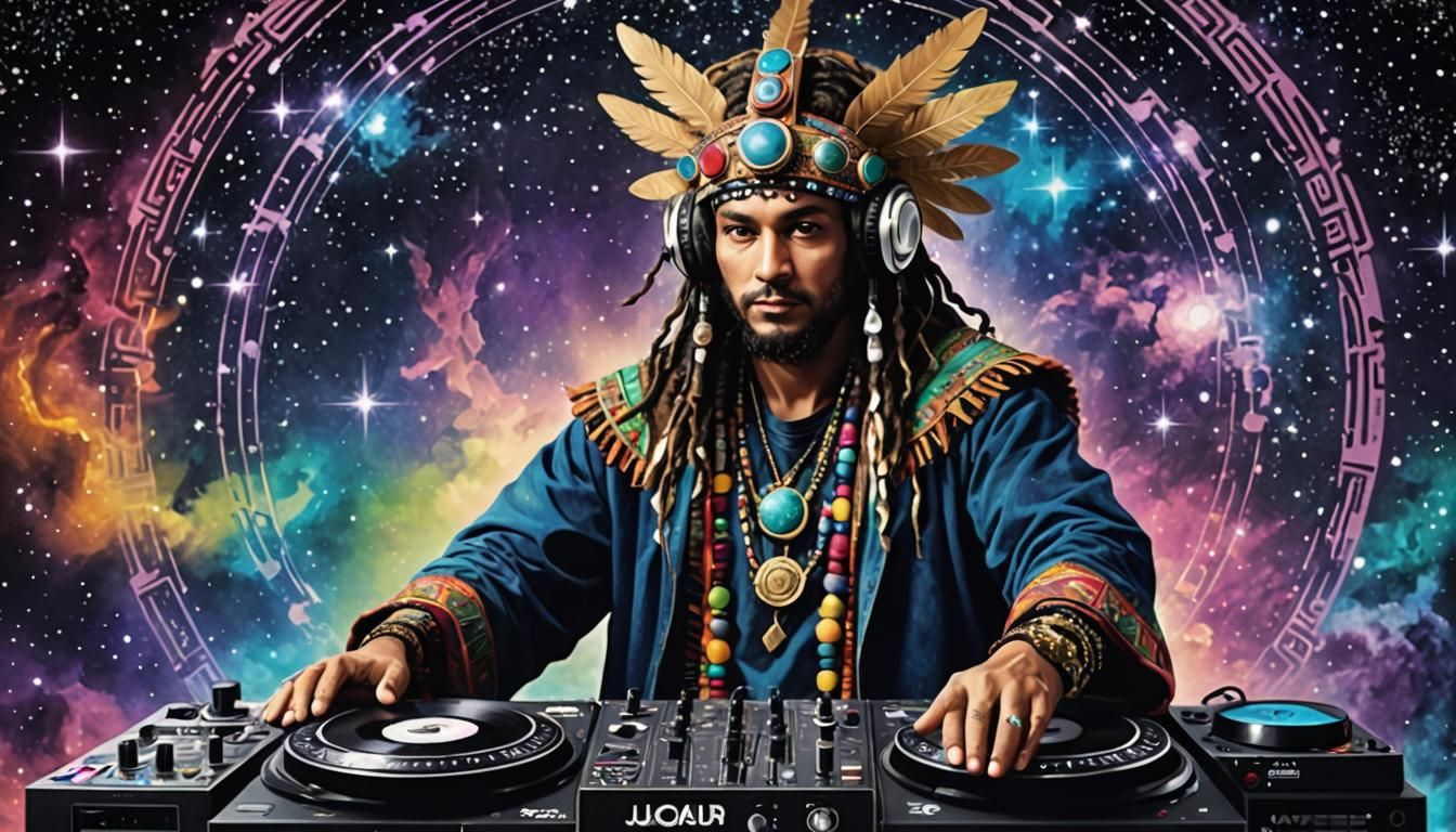 DJ Album cover saying "REACH FOR THE STARS", dj in druid cos...
