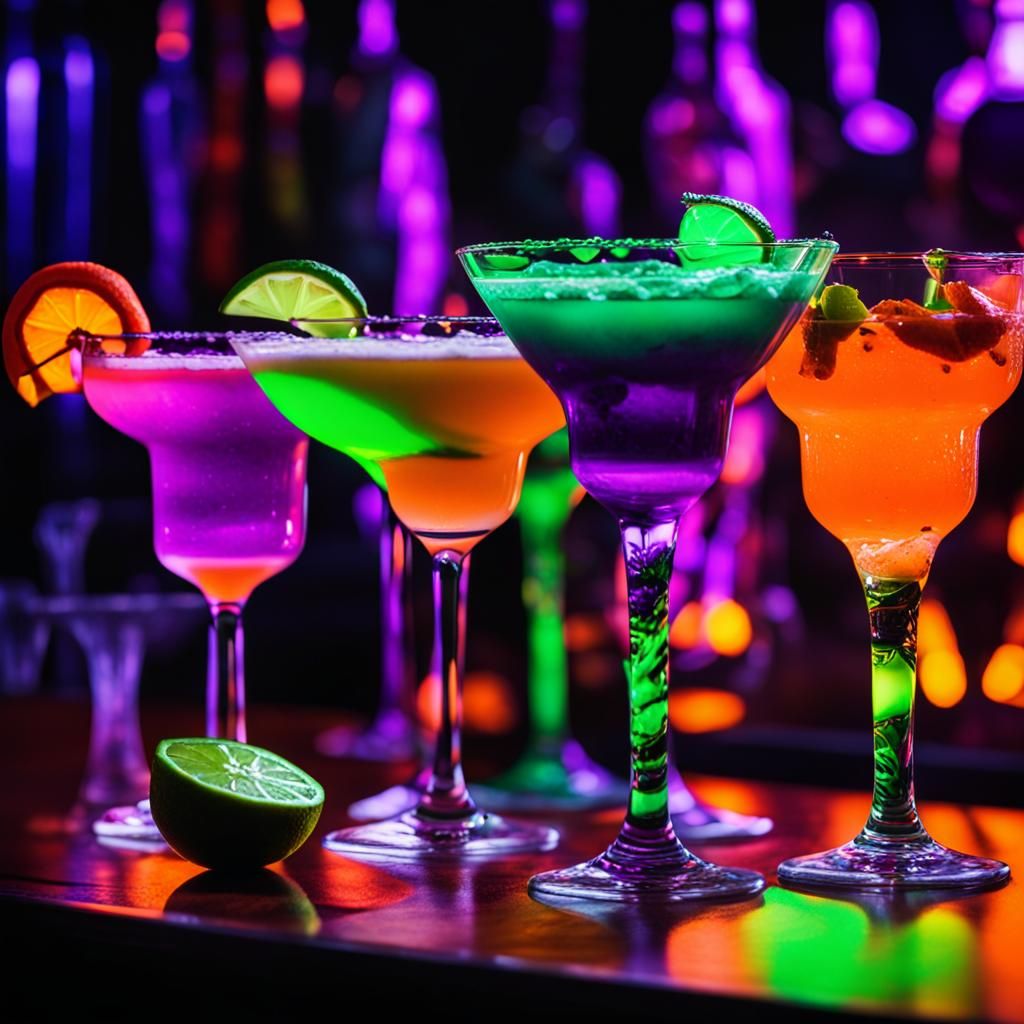 Row of 5 Halloween cocktails in fluorescent colors. Different size and shape glasses. Orange, black, ...  by @Gramma_to_2
