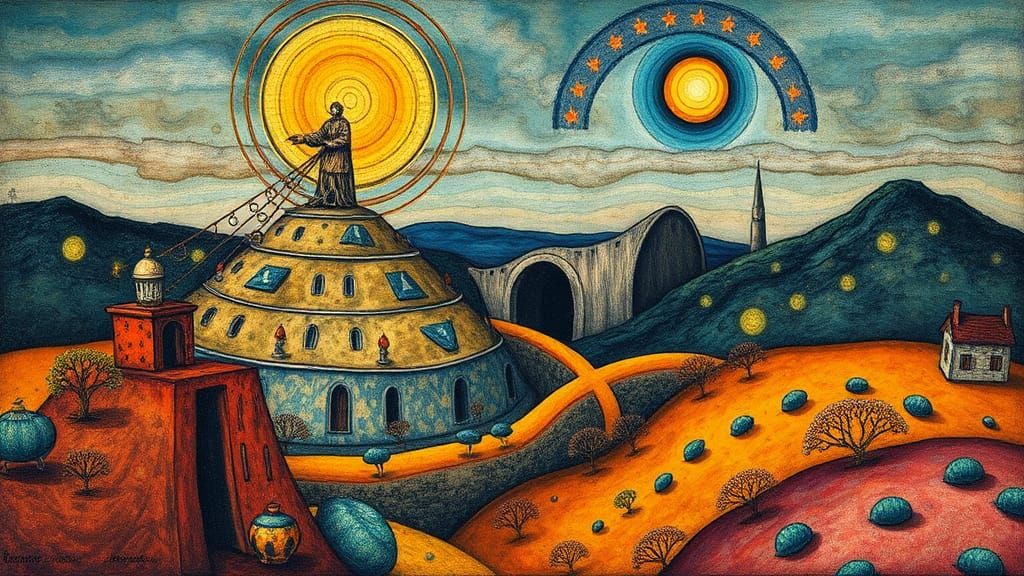 Surreal Desert Trainscape in Mixed Media Style