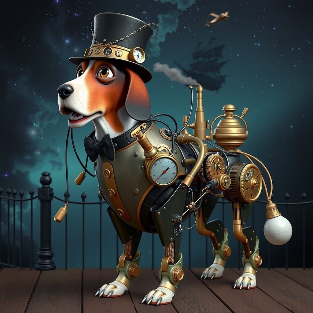  Full-body whimsical steampunk cyborg Basset Hound, Pixar-style 3D character, big expressive eyes and playful grin. Wearing a brass-button t...