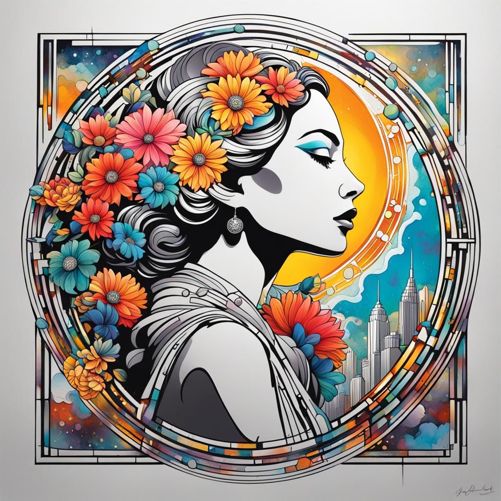 Line art of art deco lady staring into the sky, flowers in h...