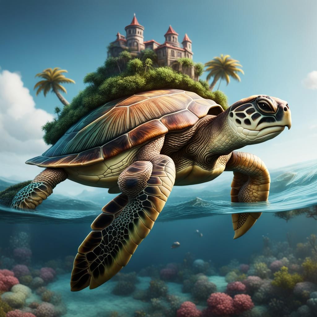 Sea turtle carrying an island on its back - AI Generated Artwork ...