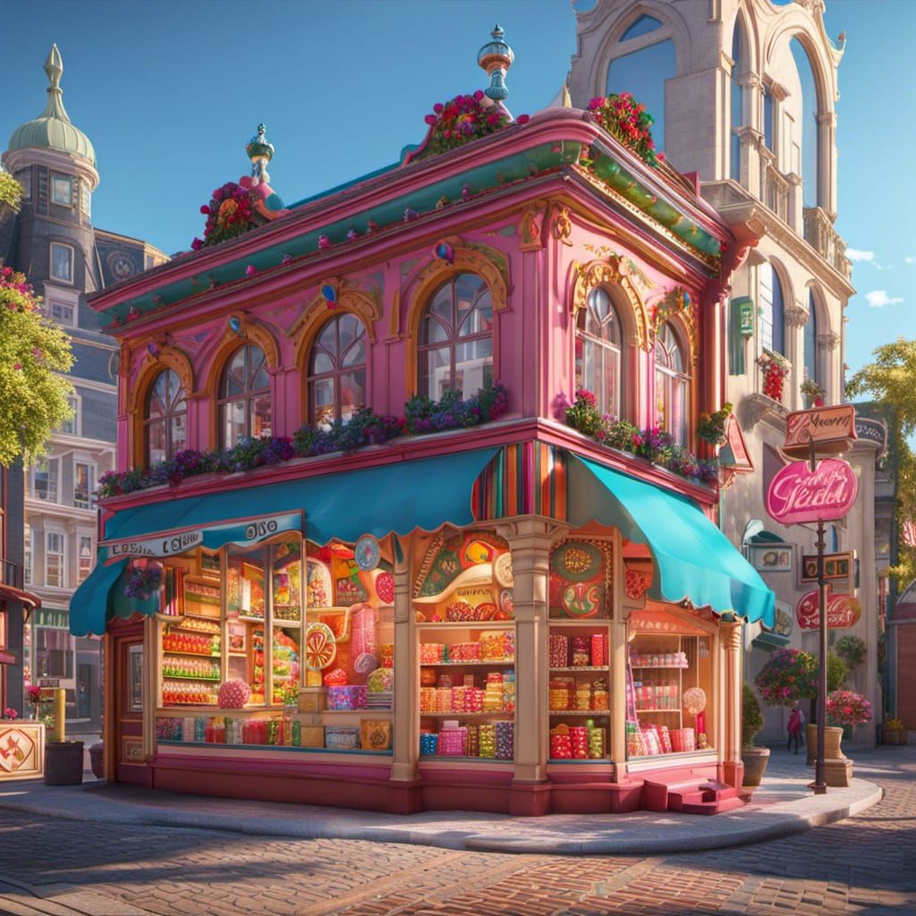 Colorful storefront, Highly Detailed Rendering of colorful candy shop  Elegant retail building, Unreal ...  by @Lennis