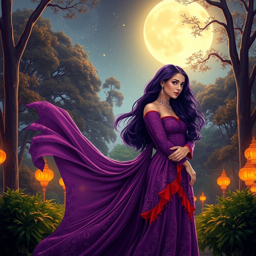 Beautiful girl fullfigured with purple long hair, in purple gown,corail jewels,pink-orange top and sleeves. Starry night, park. volumetric l...