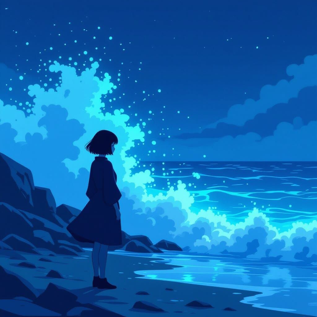 Bioluminescent Shoreline: Manga-Style Silhouette
