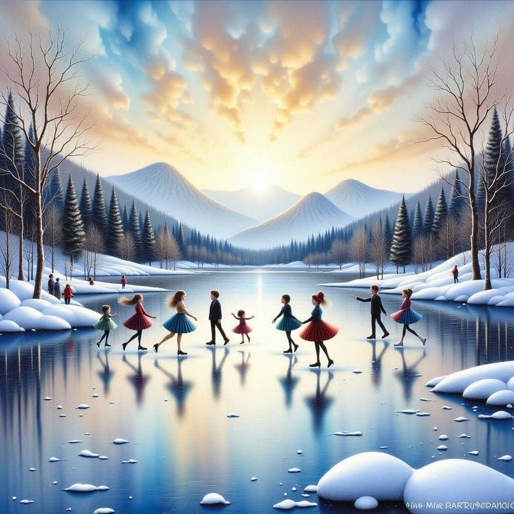 <lora:Winter Feiertage:1.0> people skating on ice, a lake with a impressive winterscape scenery 