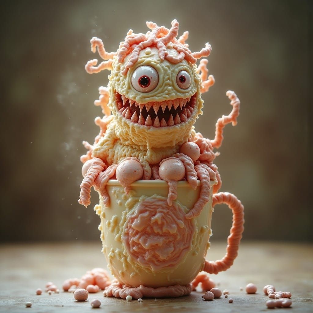  <lora:Ice Cream Flux:1.0> A cute adorable monster inside a cup