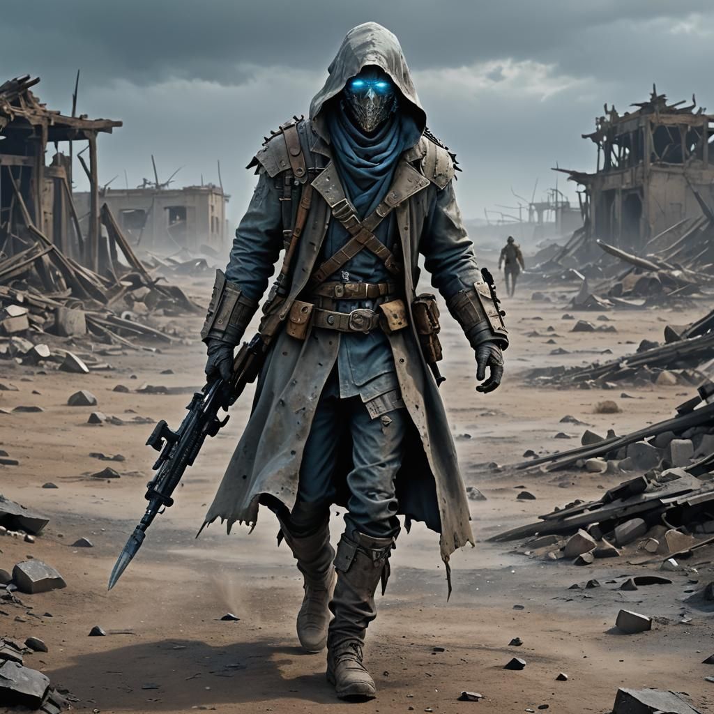 In a desolate world of gray skies and cracked earth, a mysterious figure strides through the wasteland. ...  by @Sidra Sharif