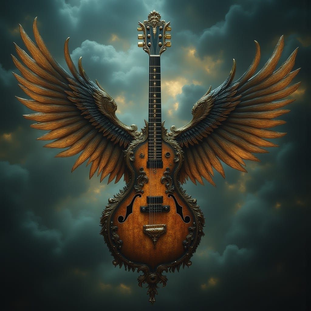 <lora:MJ6-1 FluxSurreal:1.0> A guitar with wings that sings melodies as it flies through the air, surrealism, cinematic atmosphere, mind-ben...