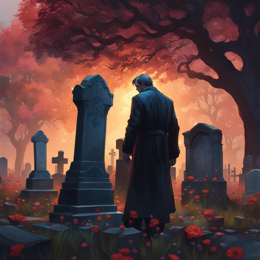 evil shadowy man walking away from a gravestone at a low ang...