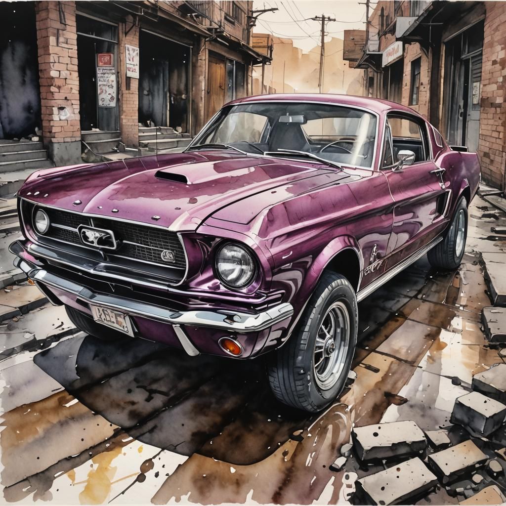 1967 classic plum colored mustang not a fastback, 
 kintsugi, watercolor, wet brush,   ink drawing wet ...  by @Jim Stone