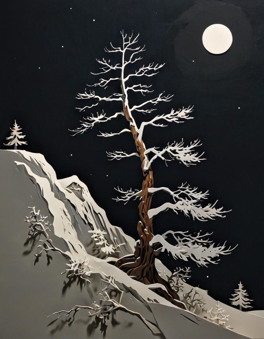 Kirigami style: crooked pine tree on a ridge in the middle o...