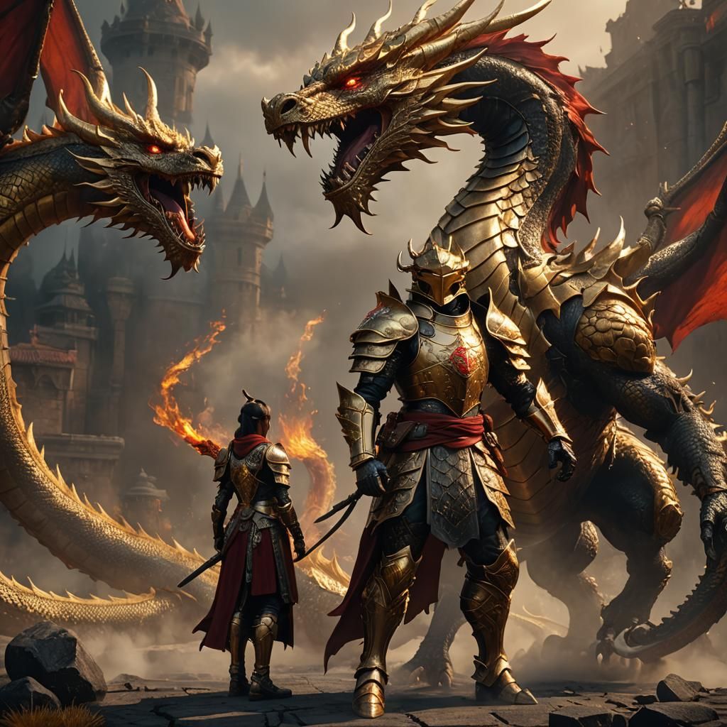 A golden dragon with a golden armored soldier
