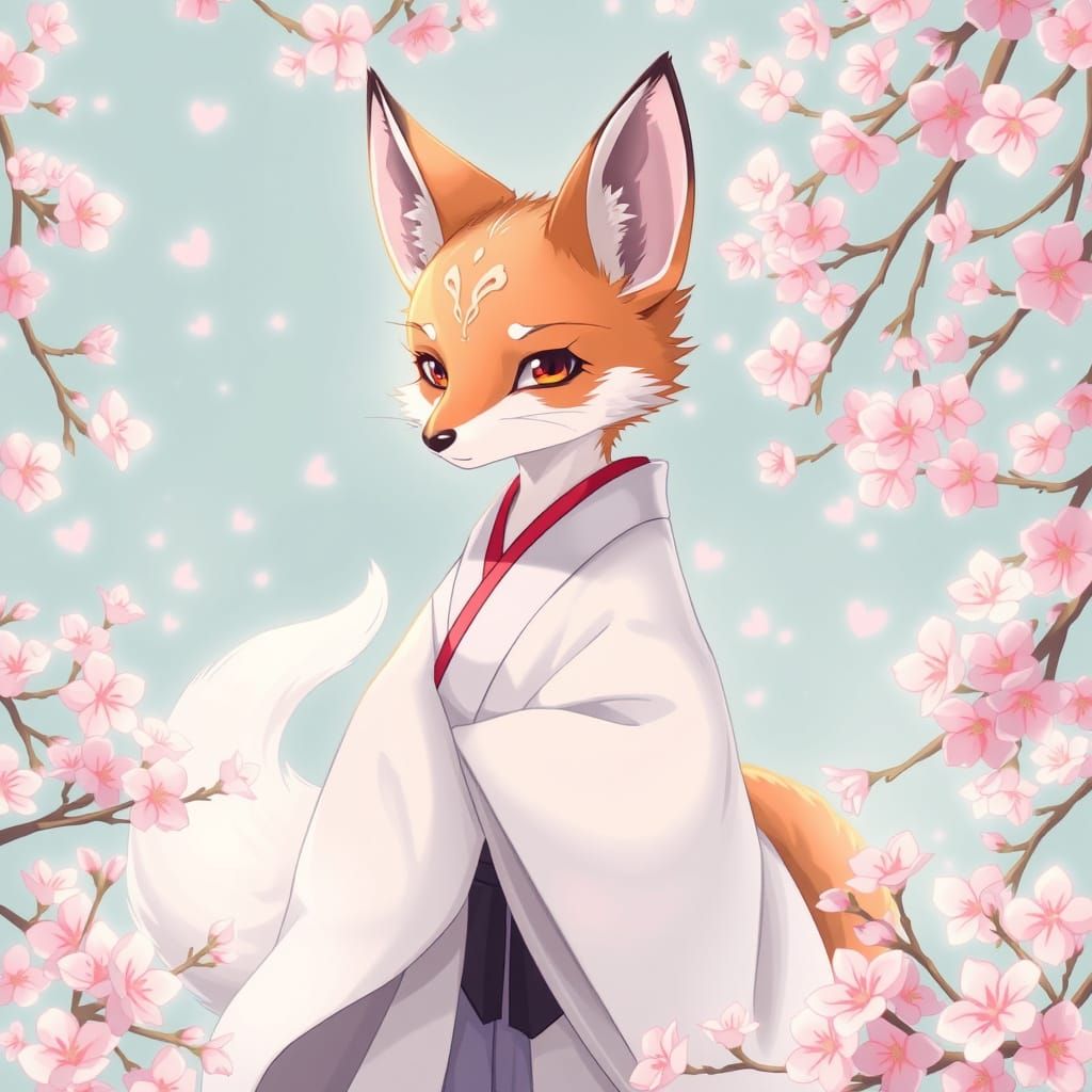 Anime Fox Spirit in Cherry Blossom Garden