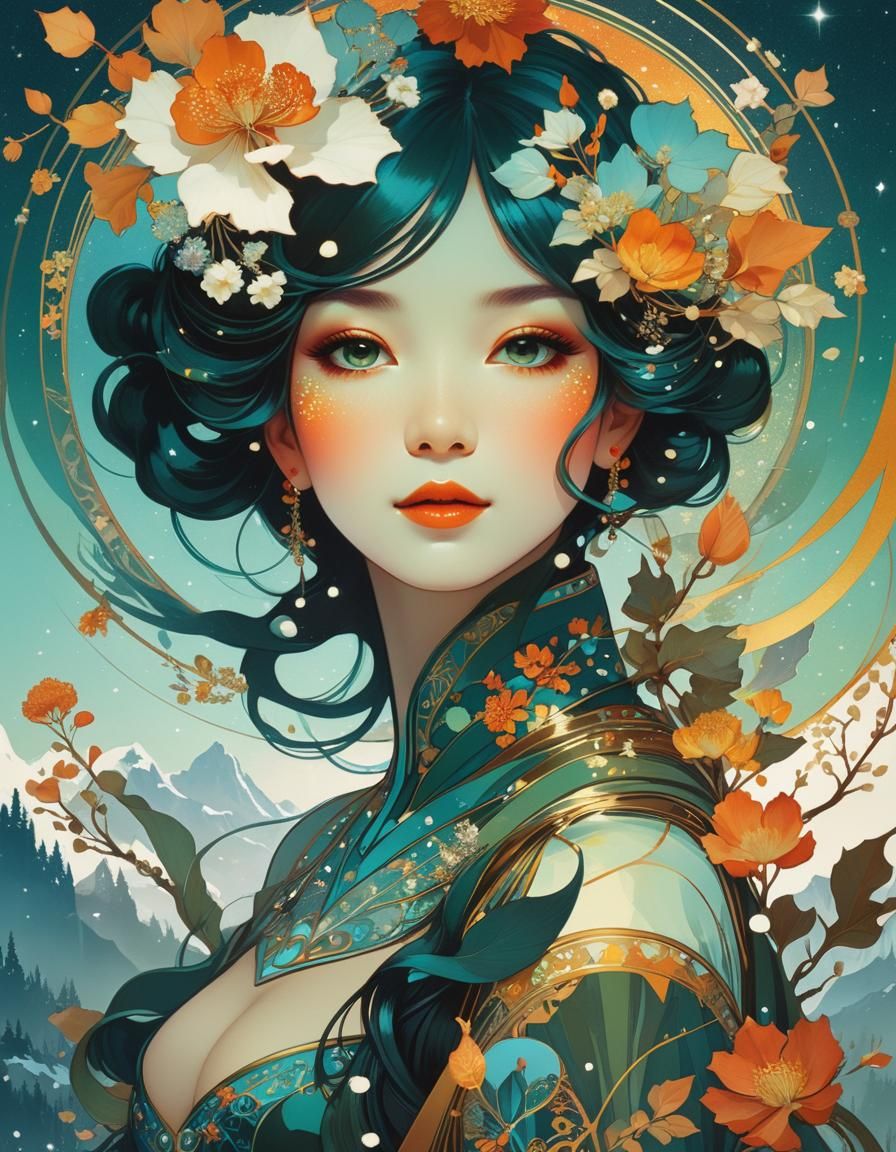 Winter and Spring Face in Art Nouveau Style