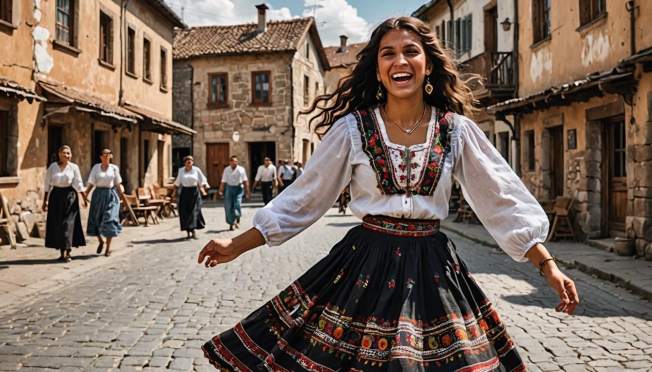 A Romani girl dancing in the middle of the streets of a old village