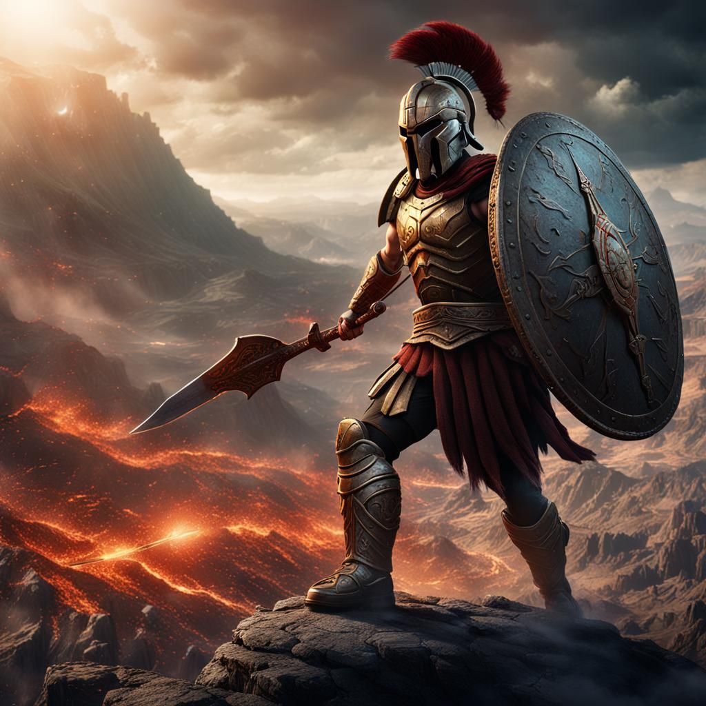 Spartan warrior fights on the edge of a vulkano
