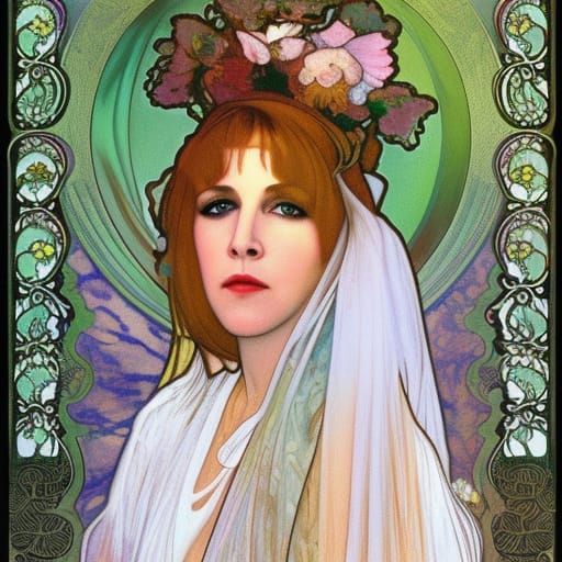 Stevie Nicks portrayed in the style of Alphonse Mucha, paint...