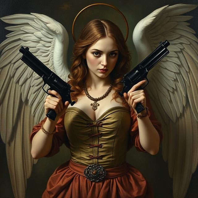 GOTHIC FEMALE ANGEL HOLDING TWO BERETTA PISTOLS IN A SHOOTOU...